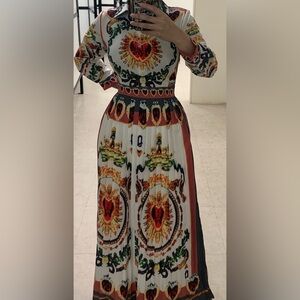 Red and Gold A-line Puff Sleeve Dress for Wedding Guest